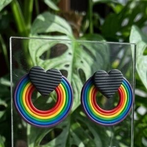 Textured Black Heart Rainbow Studs - Handmade Earrings